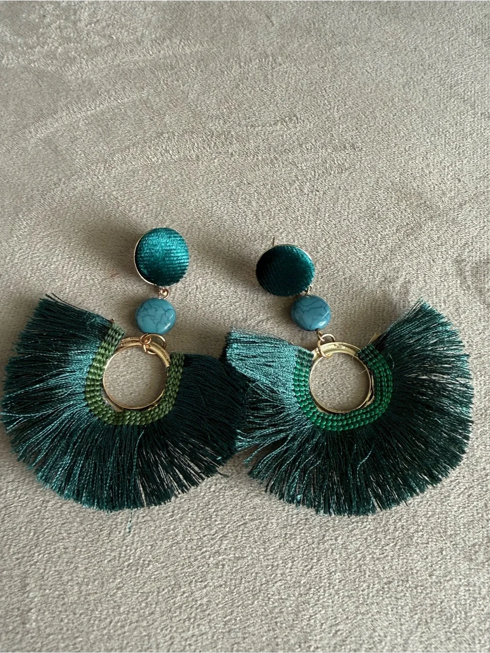 Teal Fringe Statement Earrings - Gold Accent